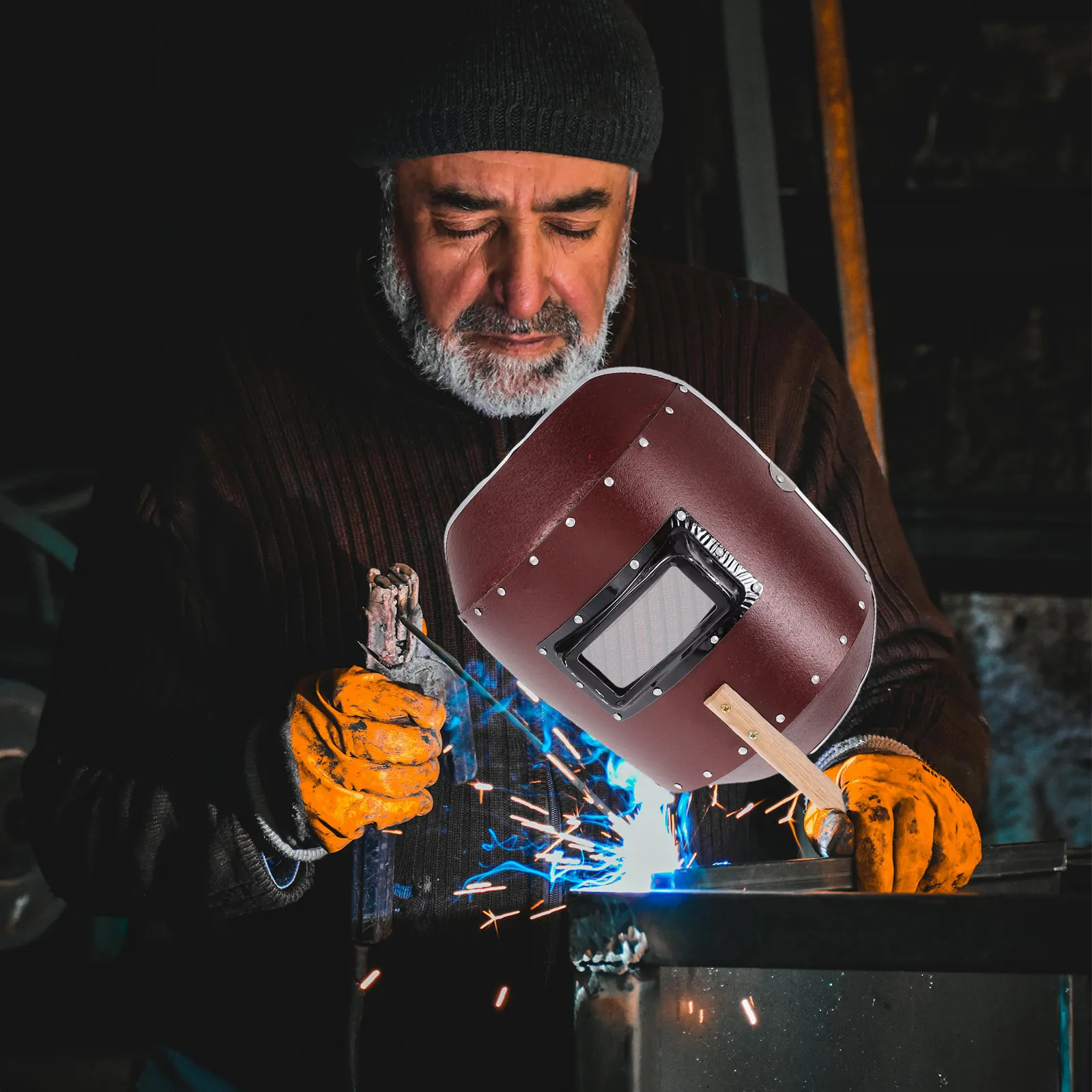 Professional Handheld Welding Mask Wood Handle Protects Against Sparks Splashes Electric Argon Arc Welding Face Shield