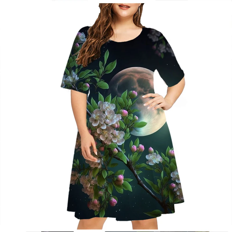 Lotus Leaf Flower Print Dress Women Elegant Summer Beach Style Short Sleeve Dress Loose Plus Size Clothes Casual Female Sundress