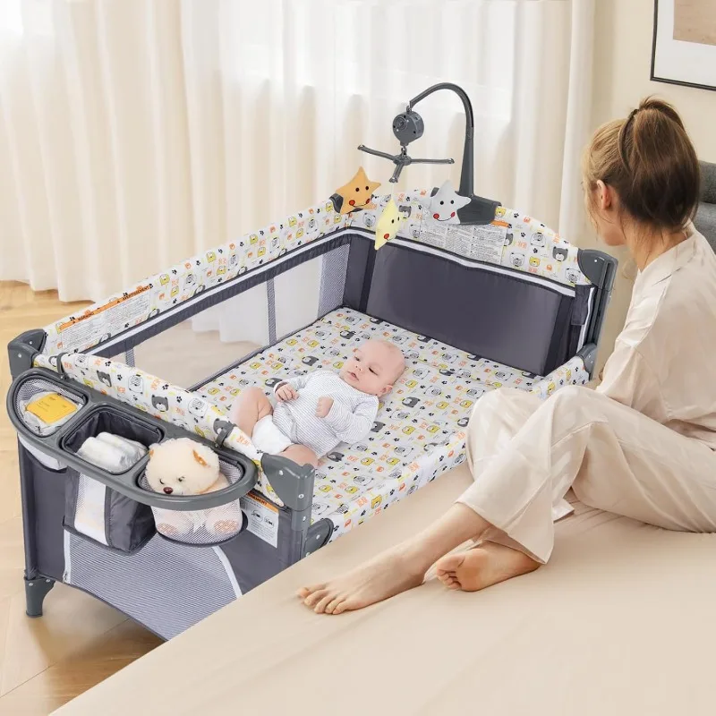 

Pack and Play, 5 in 1 Baby Bedside Sleeper with Bassinet, Diaper Changer, Mattress, Carry Bag, Music Box Hanging Toys, Fo