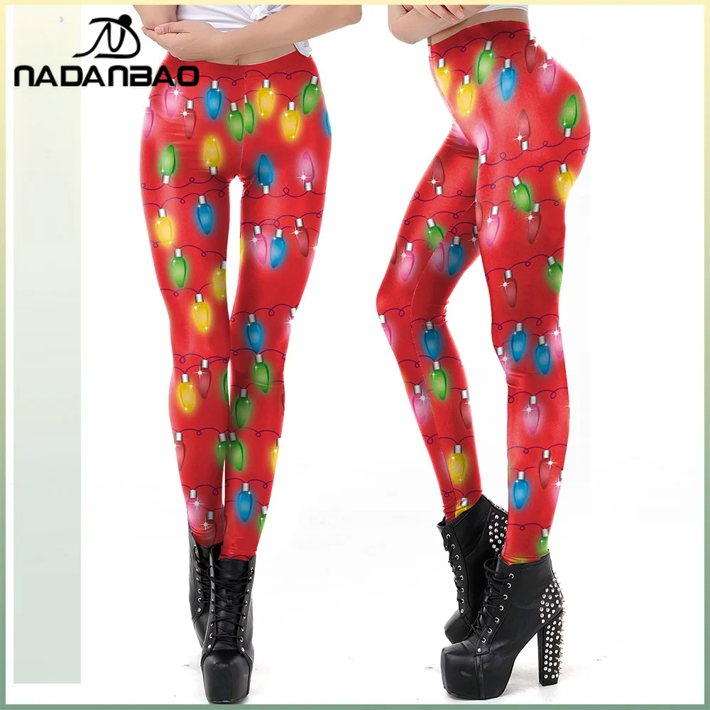

Nadanbao Women's Colorful Light Bulb Pattern Leggings Red Christmas Party Pants Ladies Sexy Yoga Trousers Summer Sporty Bottoms
