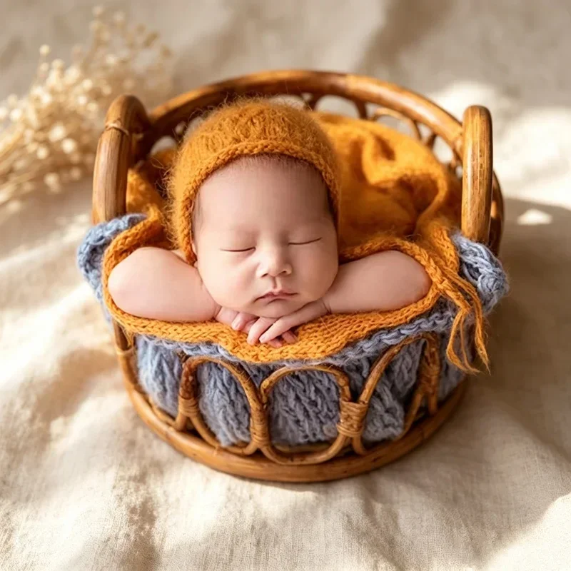 Retro Rattan Handwoven Storage Basket Portable Posing Prop For Indoor Studio Portrait Photography Shooting Decoration Tools