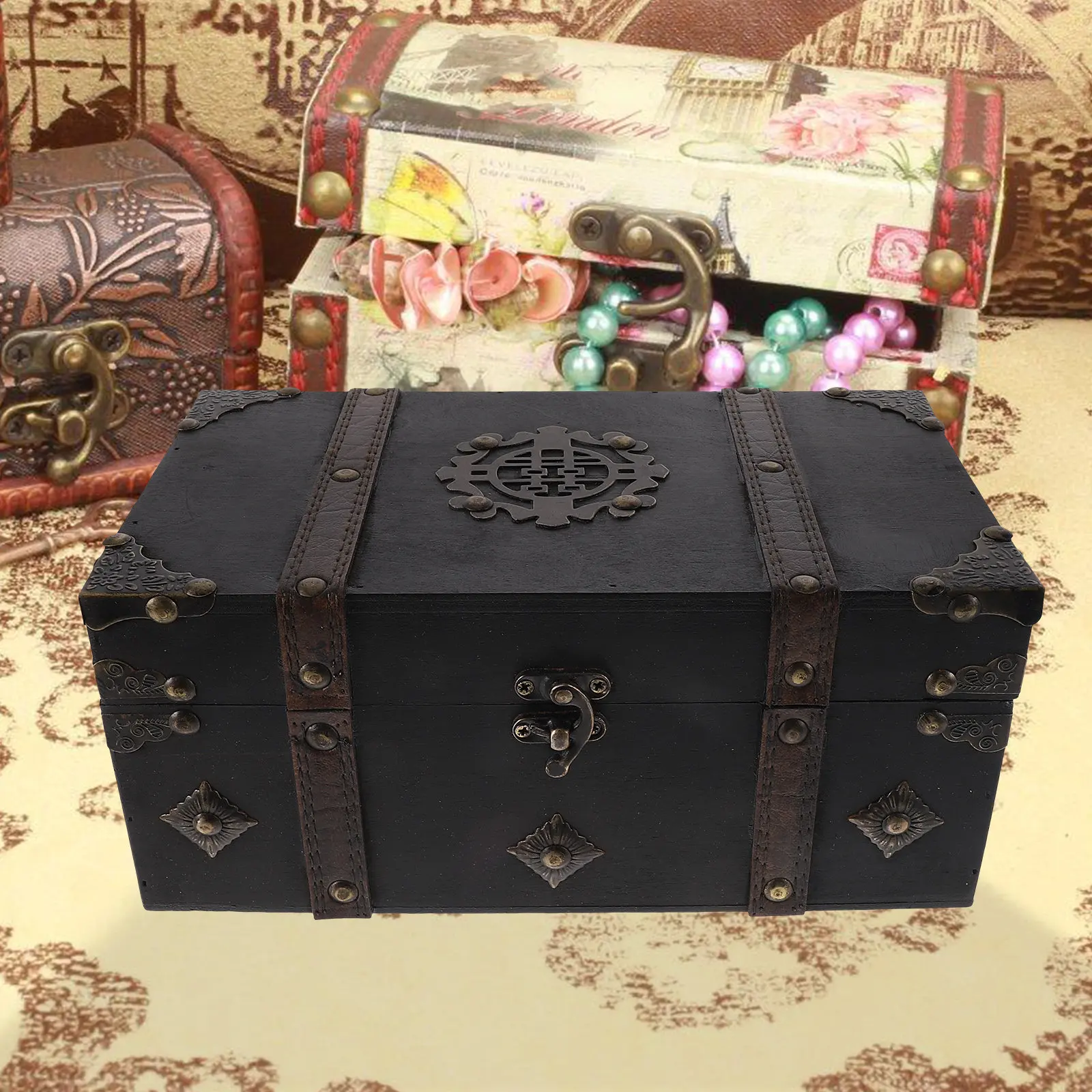 Retro Small Wooden Storage Box Treasure Chest Trinket Organizer Jewelry Case Versatile Sundries Storage for Home Office view 3