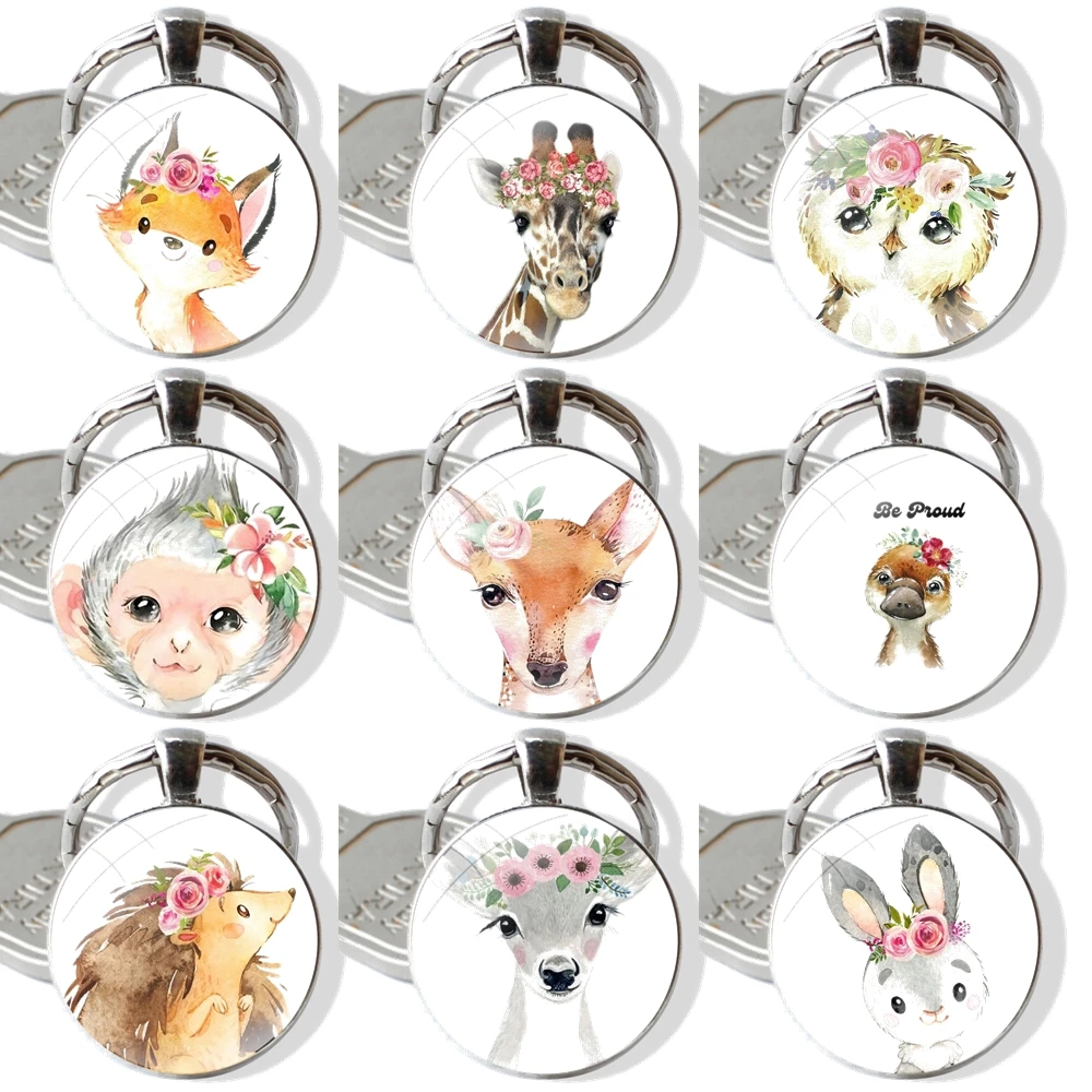 artistic monkey Koala Animals mixed Keychain Handmade Glass Cabochon Key Ring Holder Pendant Key Chains