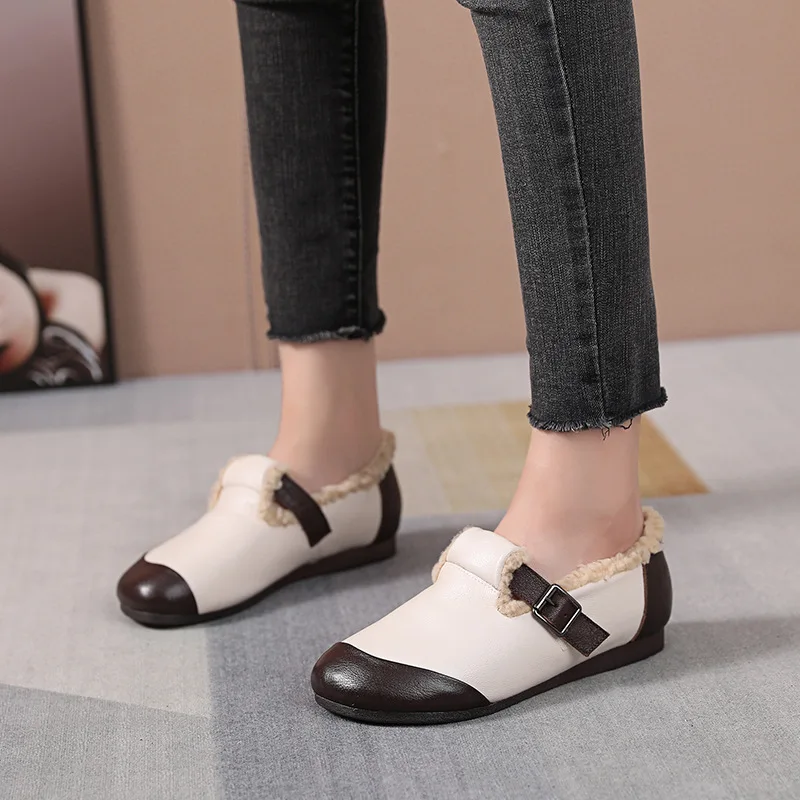 Koznoy 1.5cm Retro Ethnic Genuine Leather Big Size Winter Mixed Color Women Soft Oxford Soled Flat Warm Fur Buckle Loafers Shoes