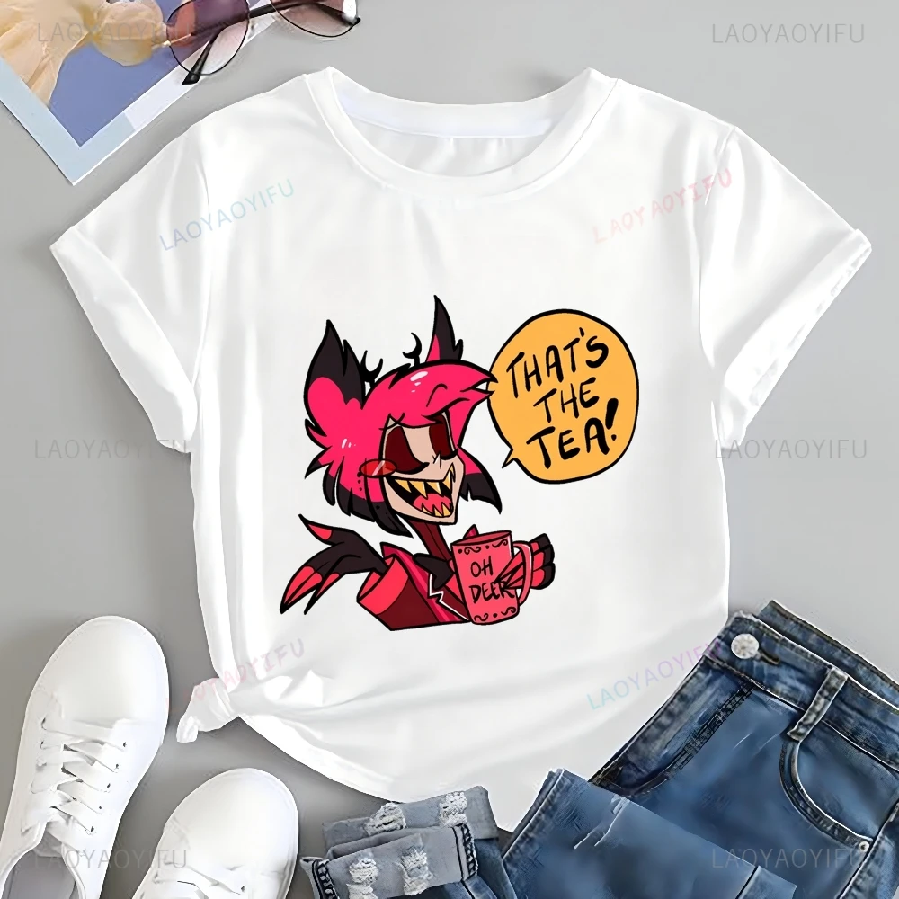الكلاسيكية الرسوم المتحركة Hazbin فندق نمط طباعة أزياء تي شيرت، للجنسين عارضة الشارع الشهير، الربيع / الصيف أعلى القطن تي شيرت