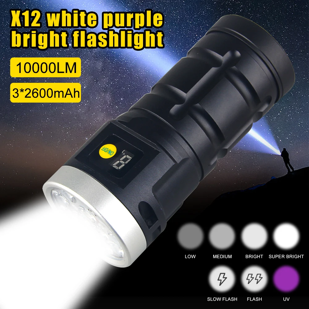 

Powerful 10000LM 12*LED Flashlight 2 in 1 White Purple Light Torch USB Rechargeable 7 Modes Long Range Camping Hand Light