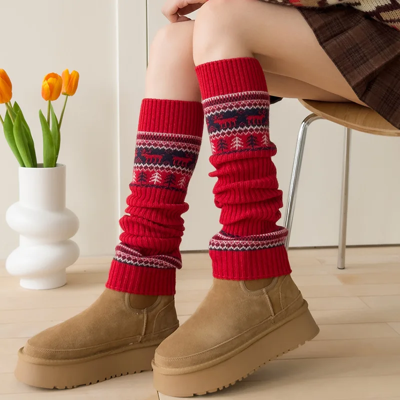 

2025 Valentine's Day Women Lolita Stockings Fair Isle Nordic-style Thick Wool Knitted Knee Protection Warmth Leg Warmers 2025