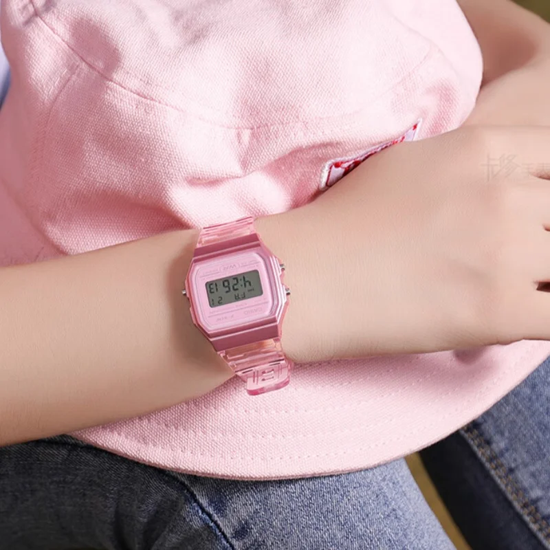 ساعة كاسيو للرجال ريترو مربعة عصرية ساعات كوارتز شفافة بحزام راتينج طالب رياضية بسيطة مقاومة للماء F-91WS-2