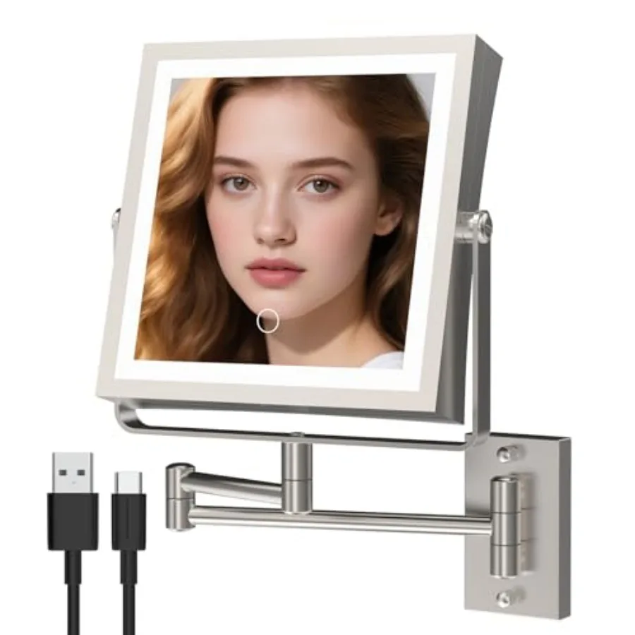 

Wall Mounted Makeup Mirror with Lights 4000mAh Rechargeable Double Sided 1X/10X Magnifying Lighted Vanity Mirror with 3 Color L