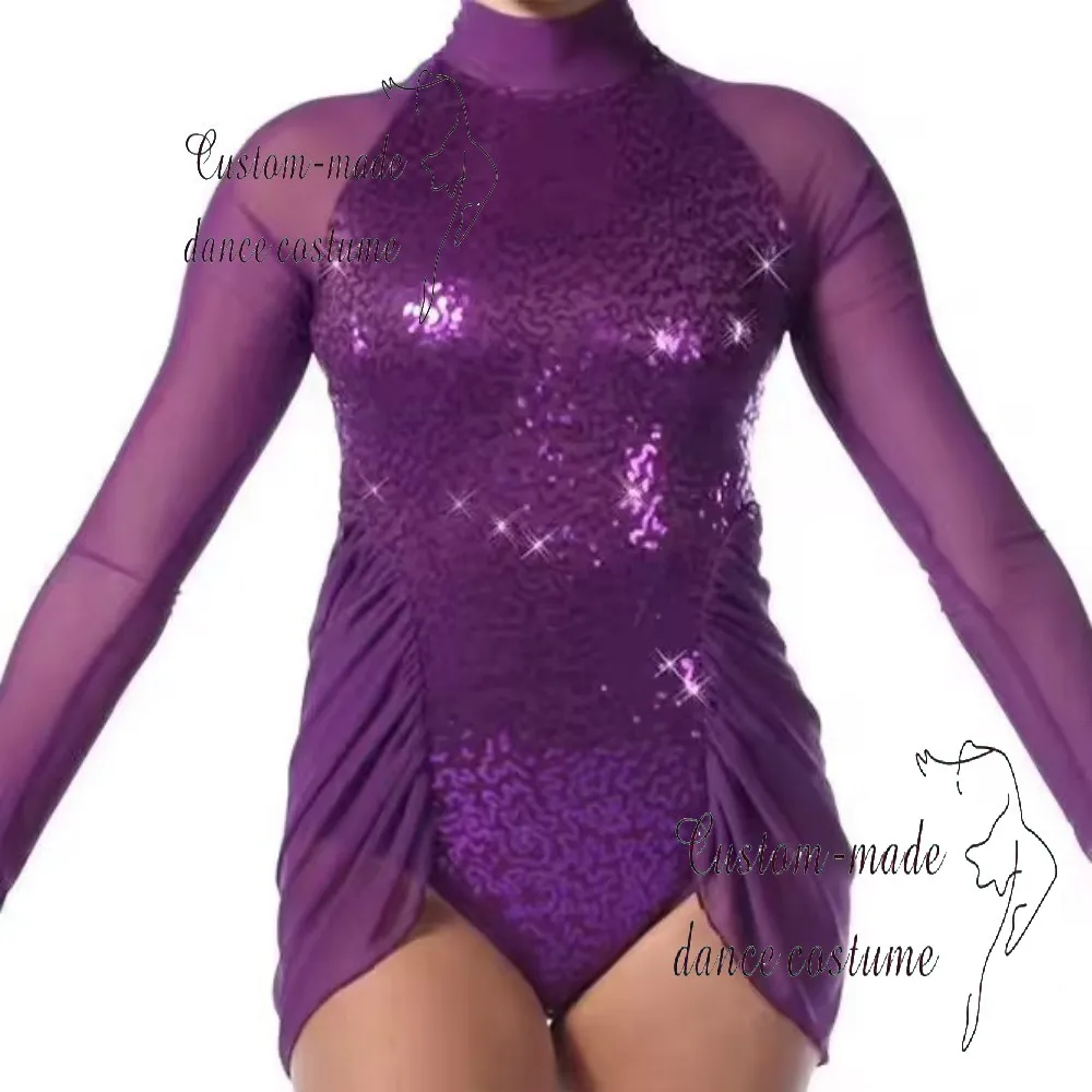 

Glamour Purple Sequin Mesh Long-Sleeve Dance Leotard