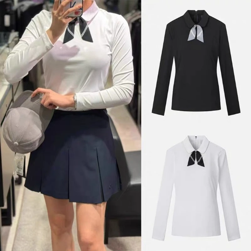 

2026 Korean Golf Apparel Women's Bow-Tie Scarf Collar Long-Sleeve Sports Top – Versatile, Flattering, and Slimming Base Layer