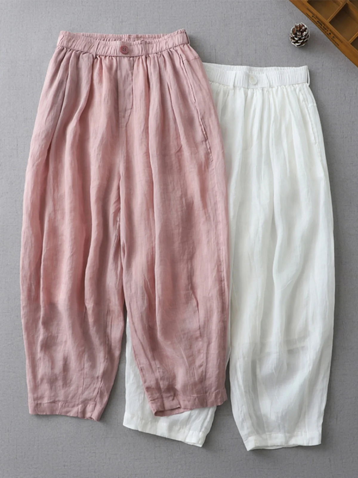 

High-End Linen Pants Women's Summer New Elastic Waist Thin Loose Large Size Harlan Cotton Linen Wide Leg Nine-Piece Pants