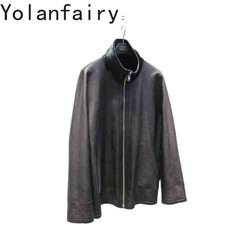 YOLANFAIRY 2026 New Men Natural Calfskin Fur Integrated Coat Stand Collar Reversible Luxury Genuine Fur Jacket Winter Outerwear