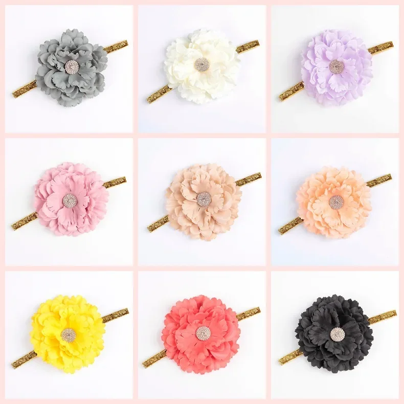 Cute 1PCS Girls Pennoy Flower with Rhinestone Shiney Headband Baby Photo Props Newborn Toddler Infant Headwear Hair Accessories