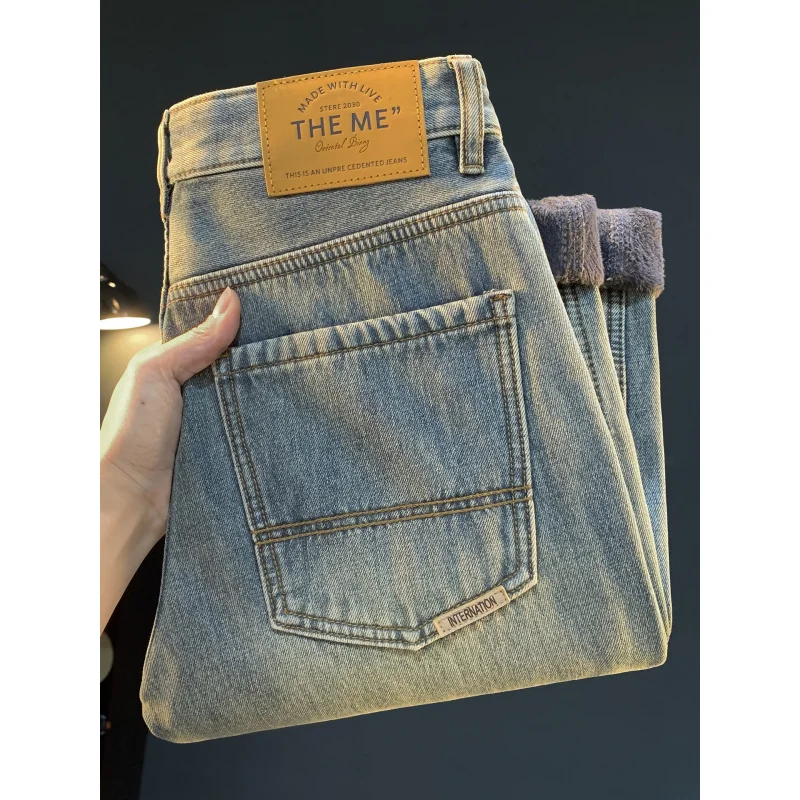 بنطال فضفاض أزرق فاتح جديد مقاوم للحرارة والباردة للرجال لشتاء 2025 مع جينز سميك من القطيفة #6