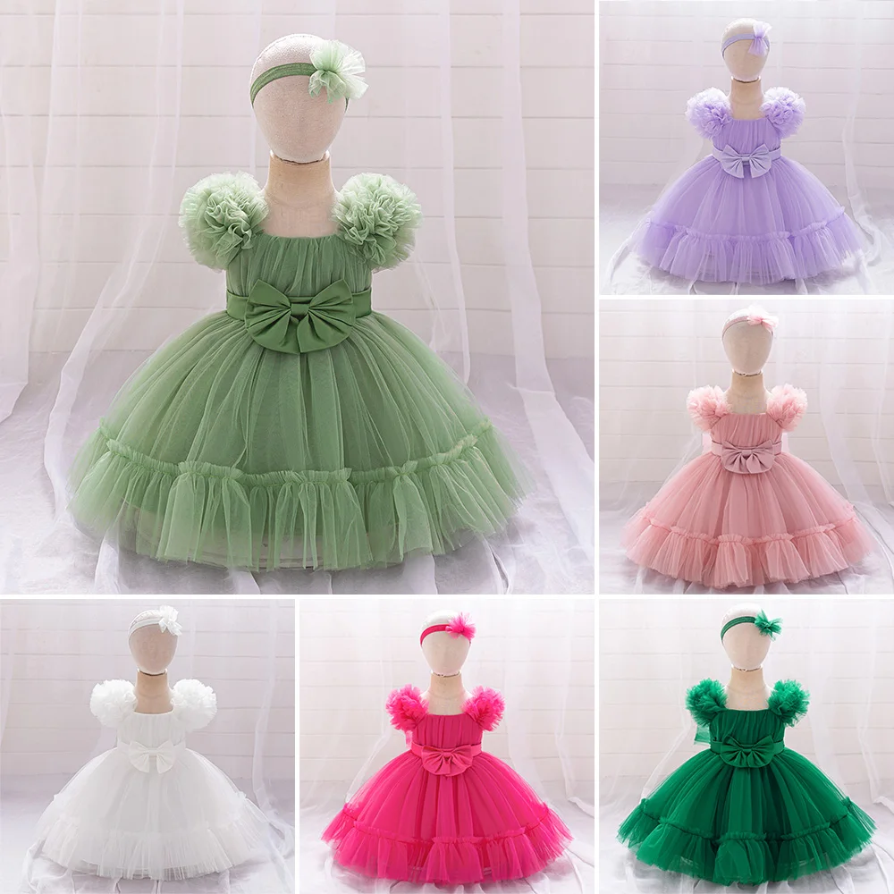 

2pcs Bow Baby Girls Tulle Party Dresses Bridesmaids Costumes Toddler 1st Birthday Princess Dress for Baby Wedding Christmas Gown