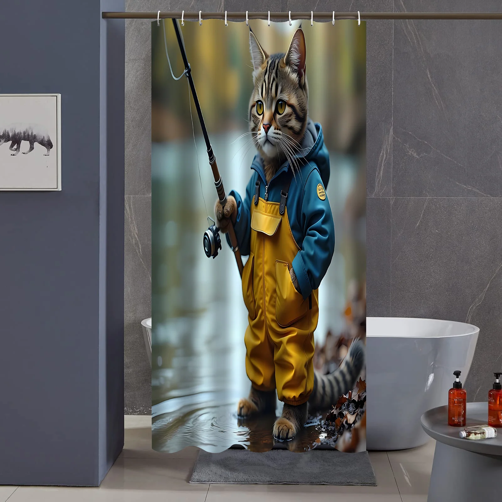Funny Fishing Cat Shower Curtain Cute Tabby in Yellow Overalls & Blue Jacket Print Waterproof Bathroom Decor Pet Lover Home Bath