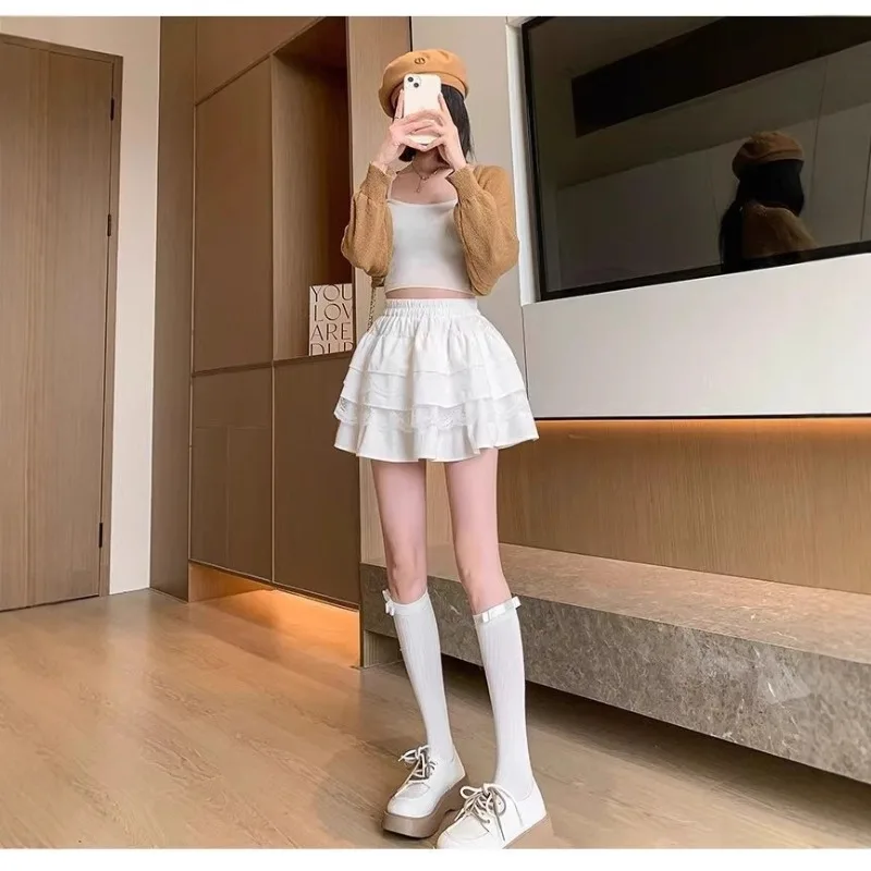 Women White Lace Cake Mini Skirt Summer High Waist Slim A-Line Princess Puff Skirt Petite Girls Casual Half Skirt Bottoms