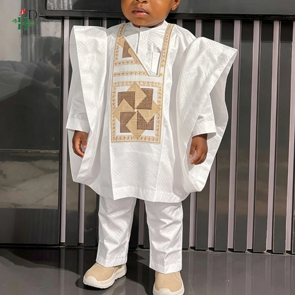 H&D African Traditional Outfits Clothes White Top Shirt Pants Suit Embroidery Dashiki Robe Bazin Rich Set