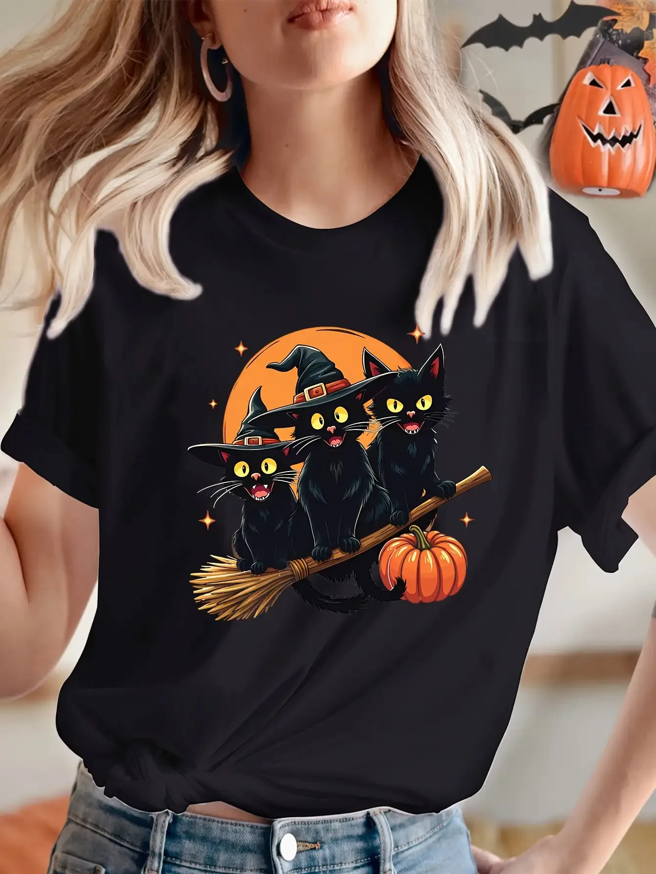 Chapeaux de sorcière pour femmes, chats noirs mignons d'halloween, tissu Opaque graphique citrouille, tenue de fête, chemise de fête d'halloween rétro