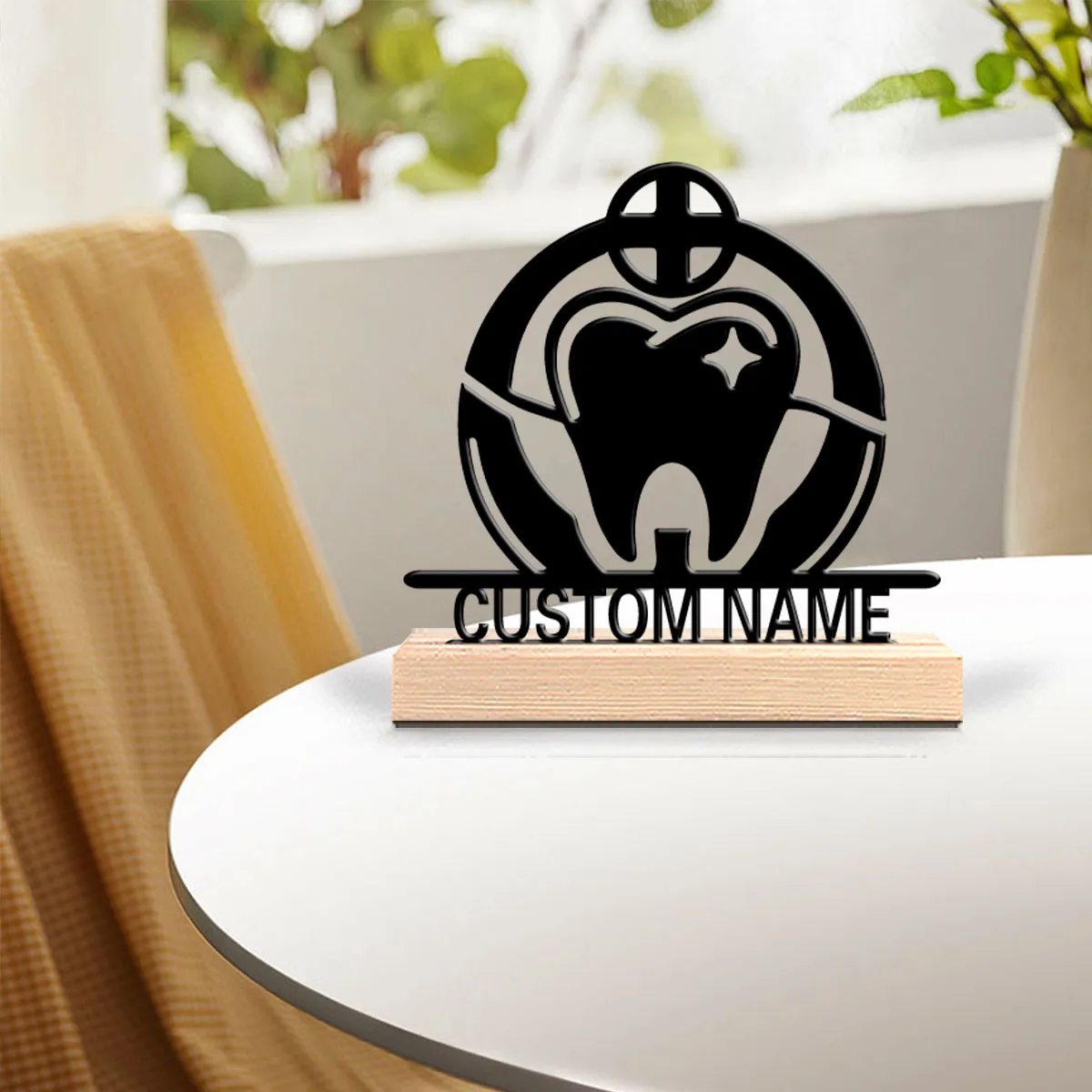 1pc Fashion tooth cure Custom Text Metal Statue Iron Ornament Art Crafts With Wood Base Tin Sculpture For Friend Gifts