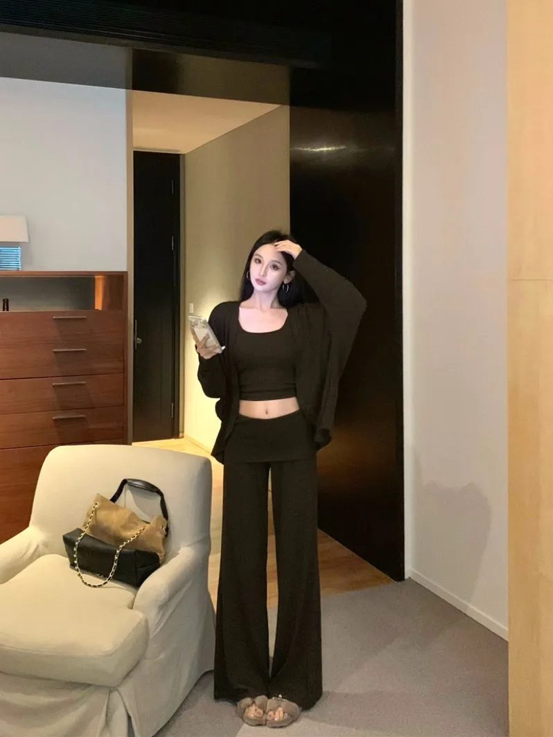 

Loose Feel Set Long Sleeve Open Cardigan Jacket Strap Vest Women Winter Matching Wide Leg Casual Pants Three Piece Set