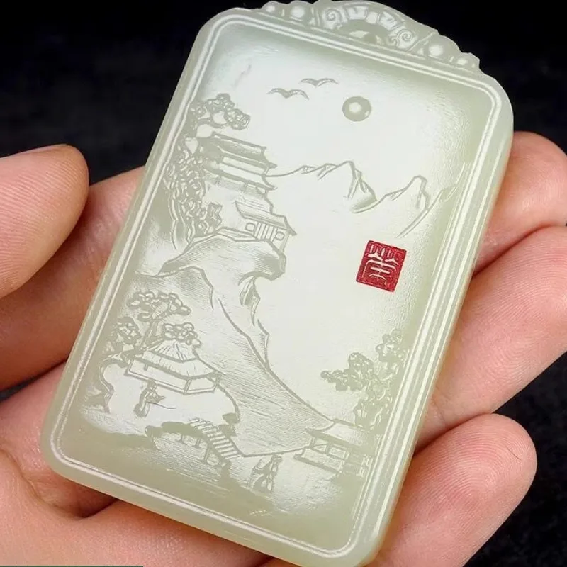

New High Ice Blue and White Jade Landscape Jade Pendant, Exquisite Fashion Pendant