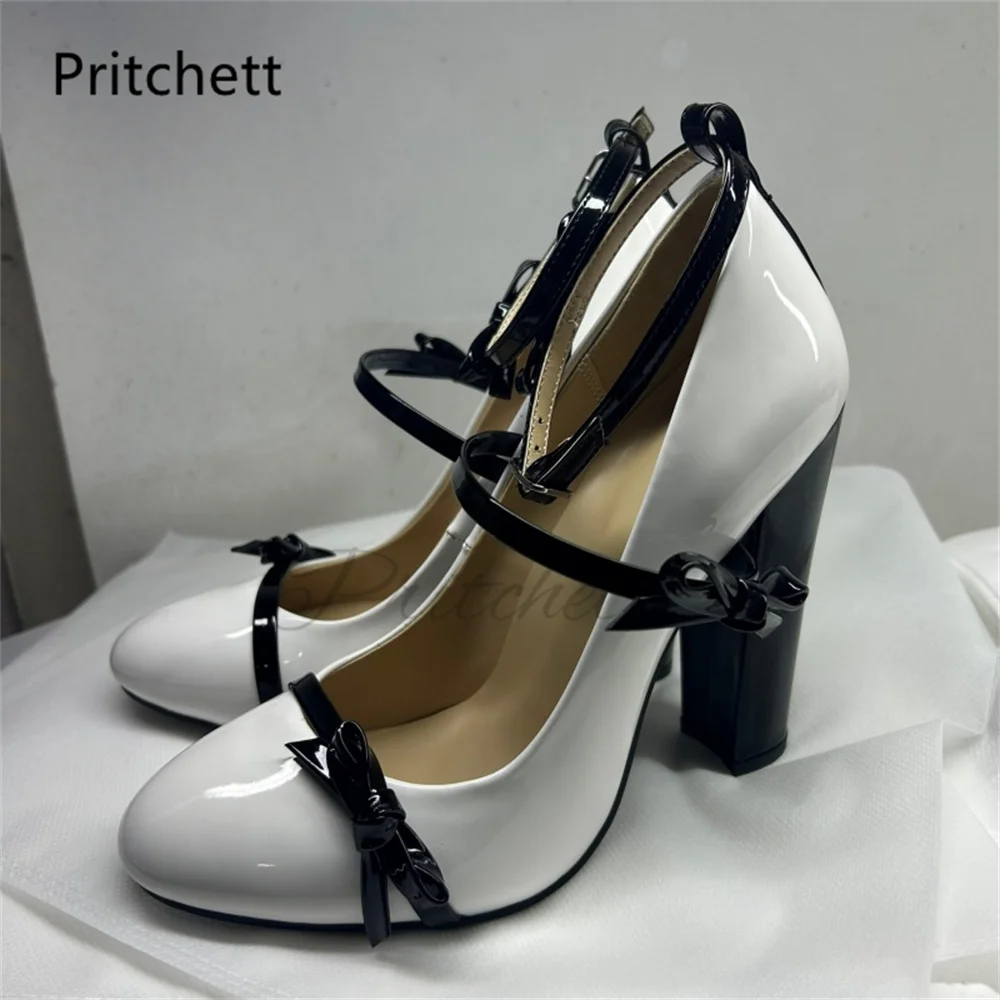 

Черные туфли Мэри Джейн с бантом для женщин, белые лакированные кожаные туфли на шнуровке до щиколотки, на толстом высоком каблуке, летние новые туфли-лодочки с круглым носком