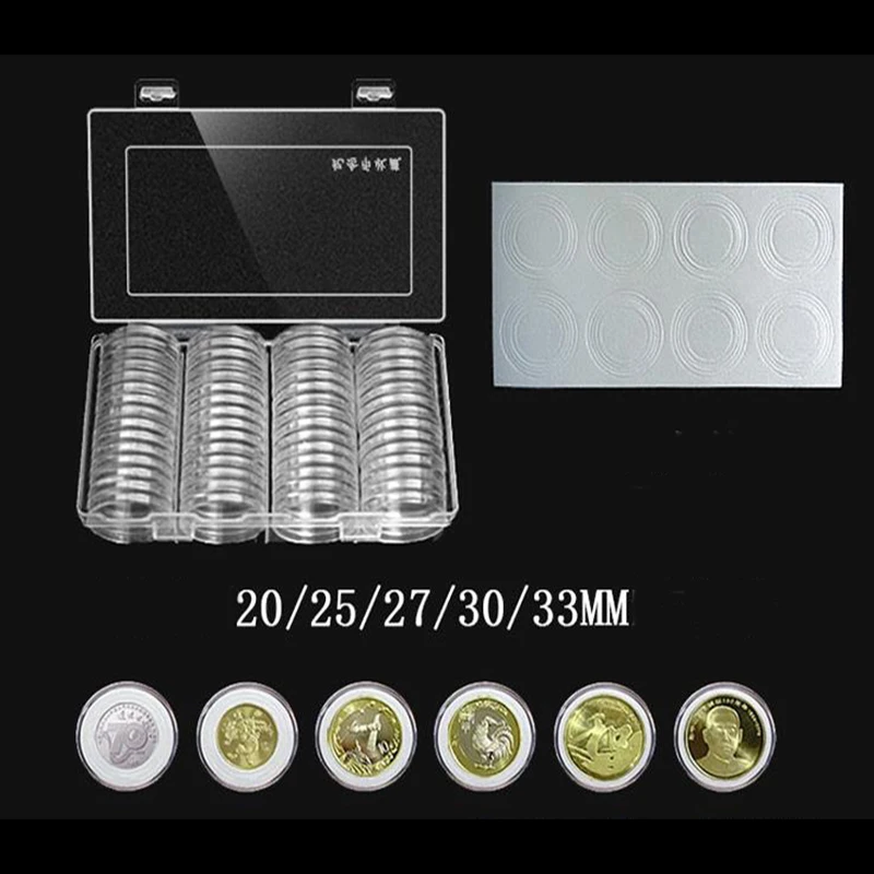 60Pcs/Box Coin Box Clear 33mm Round Boxed Coin Holder Plastic Storage Capsules Display Cases with 60pcs capsules