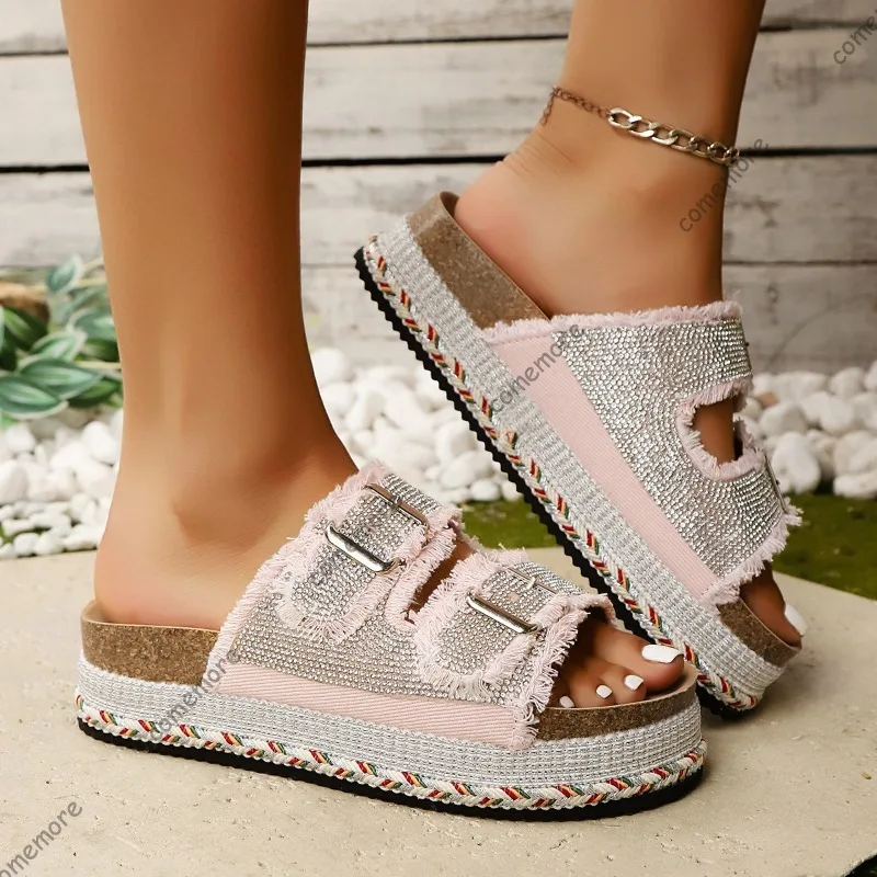 Women's Denim Rhinestone Platform Slides Open Toe Espadrille Wedge Sandals Female Fringe Casual Summer Slip-On Shoes Size 36-43