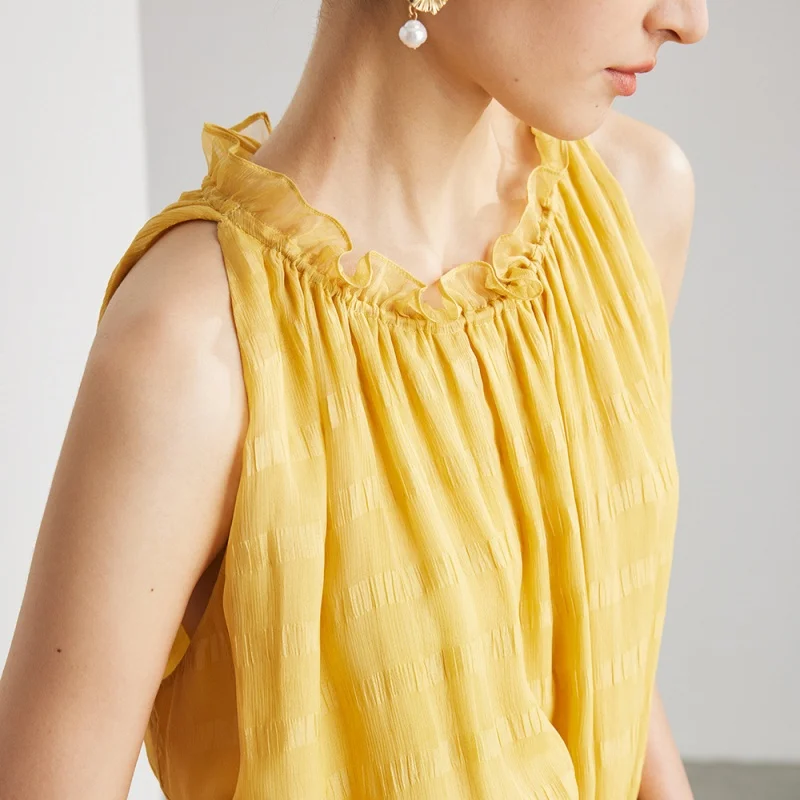 Birdtree, 100% vestido sólido de seda amoreira, camada dupla, vestido feminino solto elegante sem mangas plissado, verão 2025 novo d5d018jf