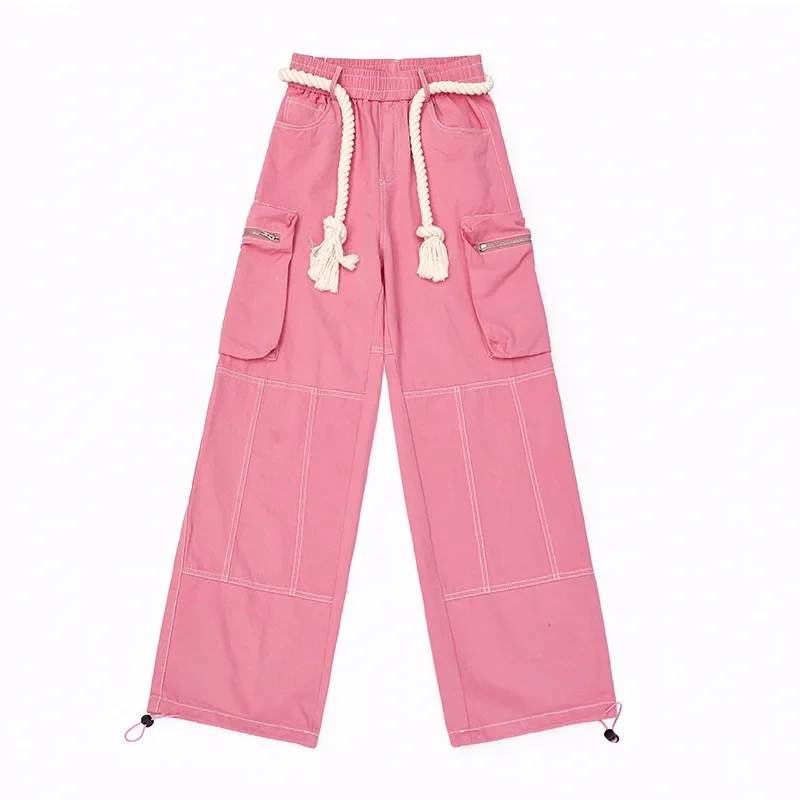 

Women Casual Y2K Pink Cargo Pants Streetwear Hip Hop Patchwork Pocket Wide Leg Cargo Trousers Female Oversized Sporty Clothes