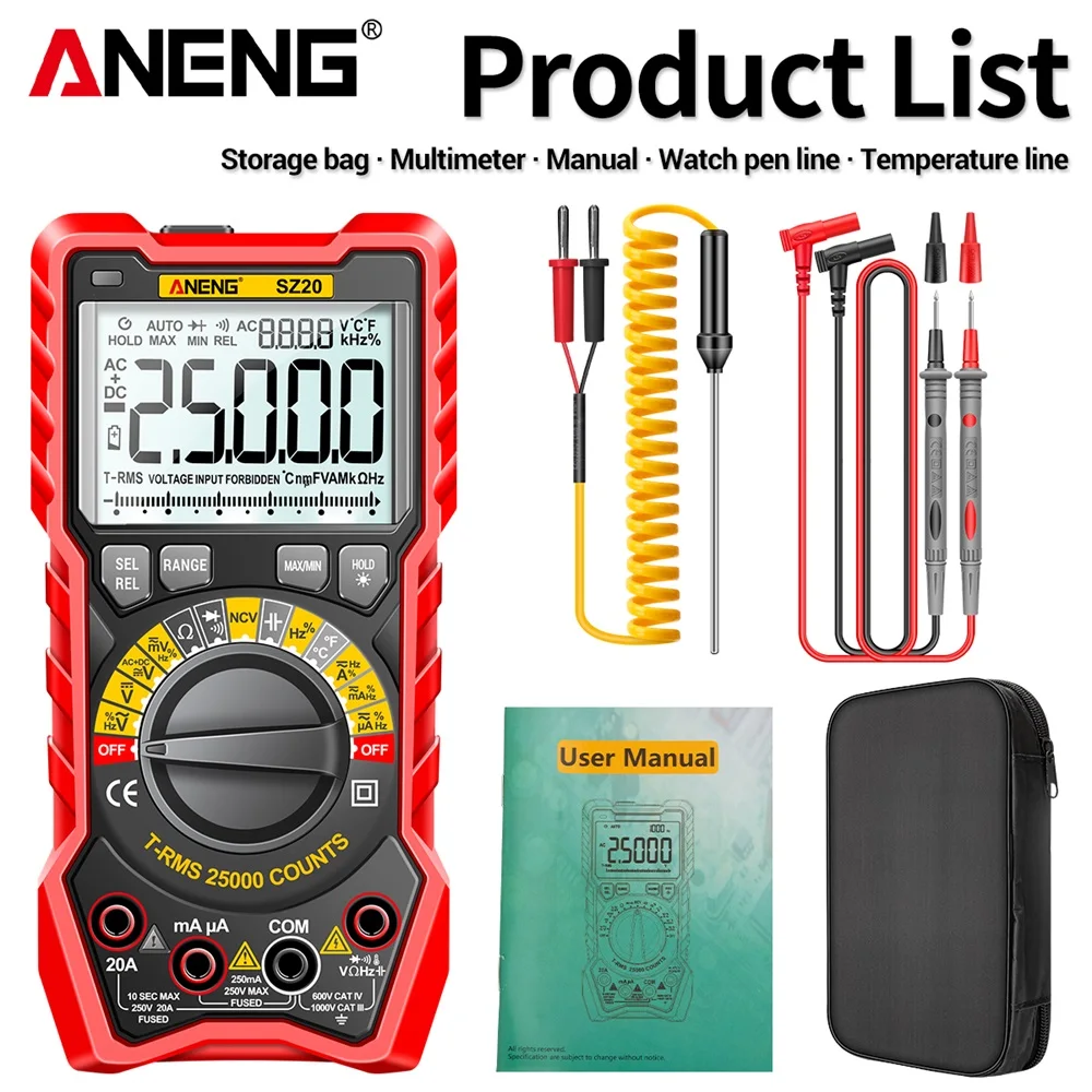 ANENG SZ20 25000 Counts Multimeter Smart Manual Range Meter NCV AC DC Ohm Hz Smart Manual Range Digital Multimetro Tester Tools