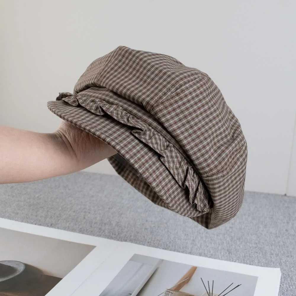 

Solid Color Fine Plaid Beret Korean Style Big Head Circumference Ruffle Octagonal Hat Versatile Polyester Women Artist Hat Girls