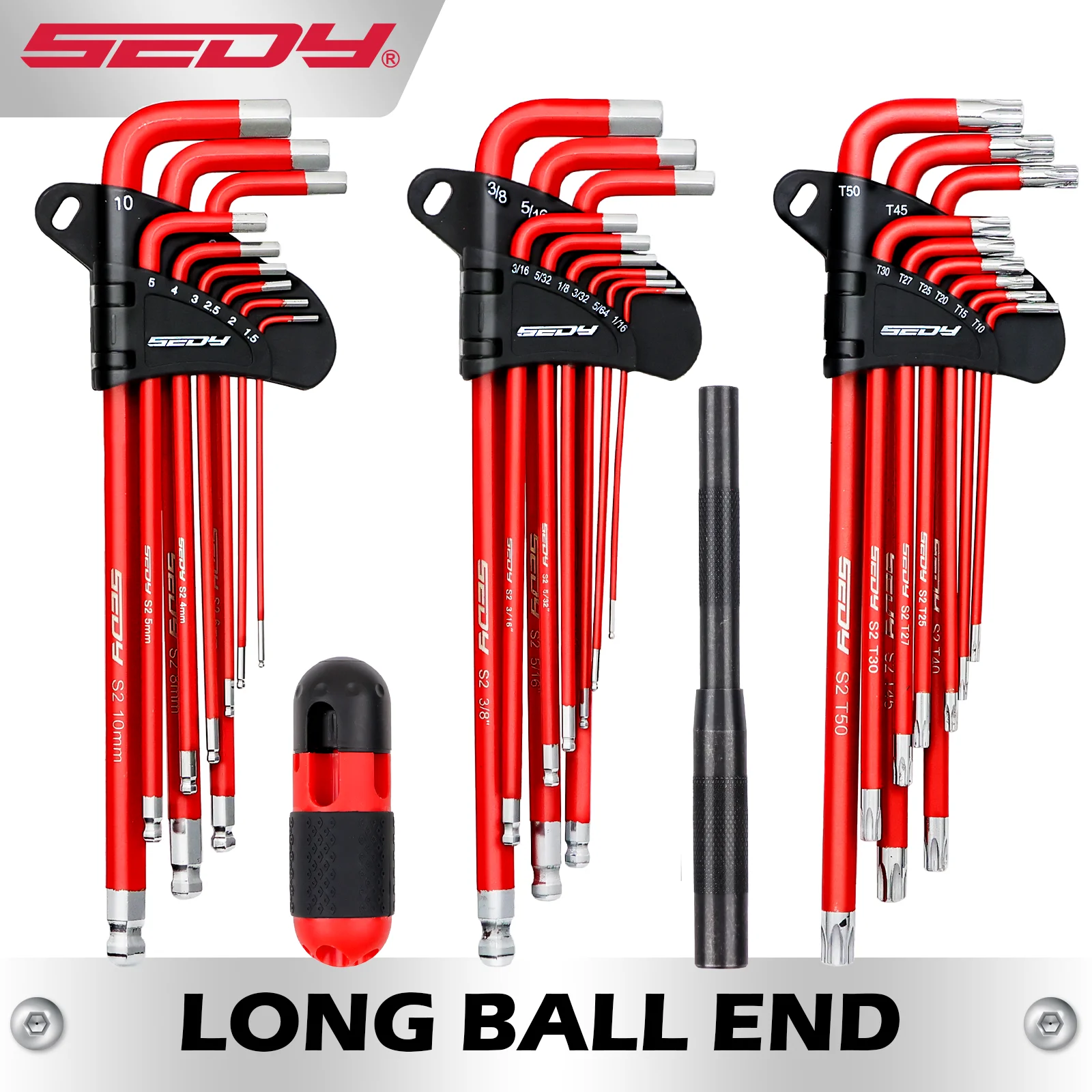 SEDY 30pcs Long Arm Ball End L-Hex & Torx Key Set with Grip Handle Hex Key Wrench Set with T-Handle and Extension Bars