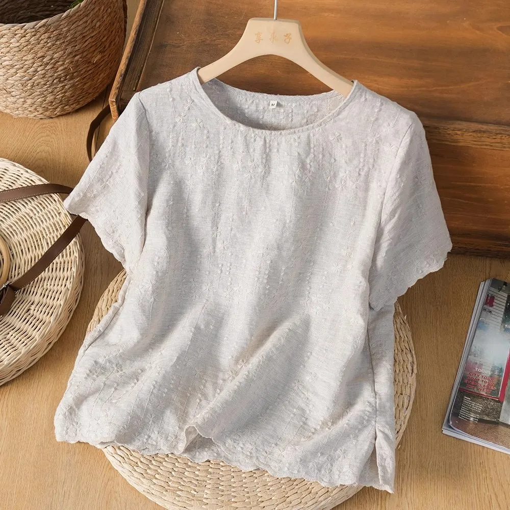 

Retro Handmade Embroidery Cotton Linen Short Sleeve T-Shirt Women Summer Special Loose Top Age Reduction Beautiful