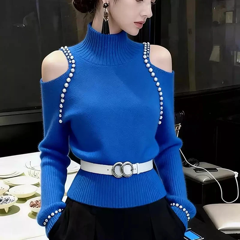 

Blue Turtleneck Shoulder Sweater for Women High-End Long-Sleeved Pullover Elegant Luxury Casual Knit Top for Autumn 2026