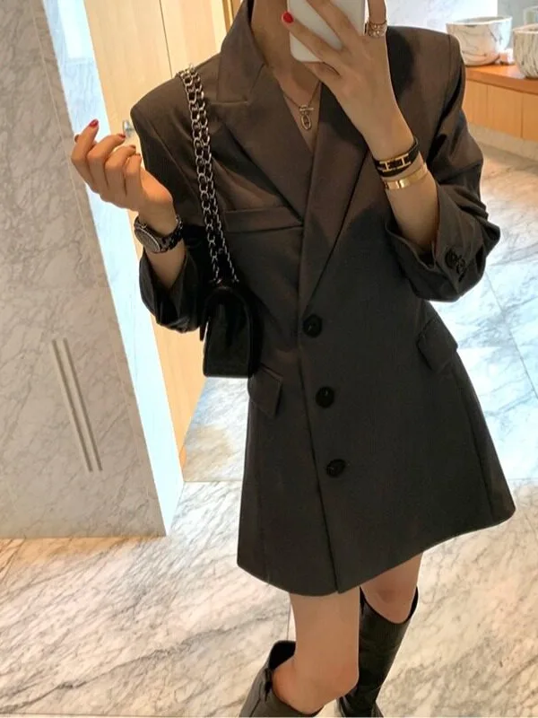 Elegant Side Button Suit Dress Women's Slimming Short Skirt Korean Style Regular Fit Medium Softness Online Exclusive Fashion