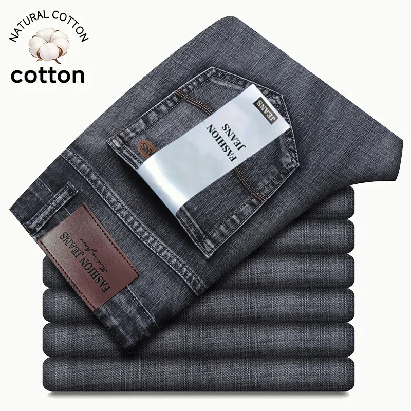 Autumn Winter Men's Jeans Classic Retro Grey Denim Pants Man Work Slim Straight Stretch Cotton Trousers Streetwear Plus Size 40