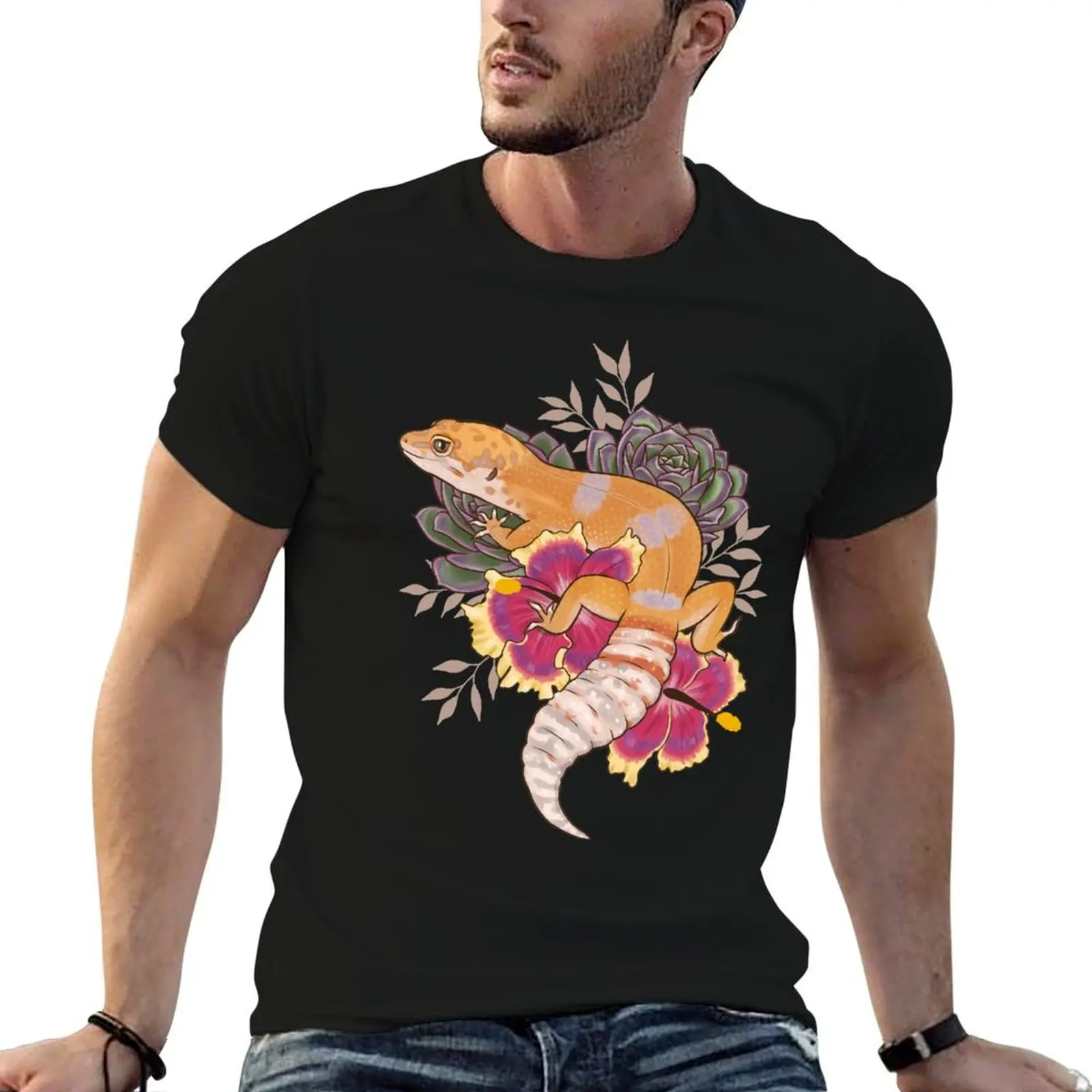 

Leopard Gecko with Succulents and Hibiscus T-Shirt graphic t shirts for man t shirt man plain T-Shirt