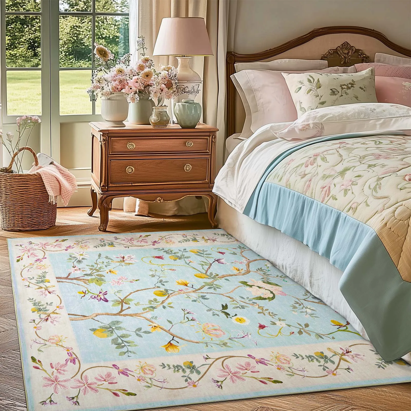 Vintage Floral Area Rug Botanical Print Rectangular Floor Mat Non-Slip Indoor Carpet for Living Room Bedroom Home Decor