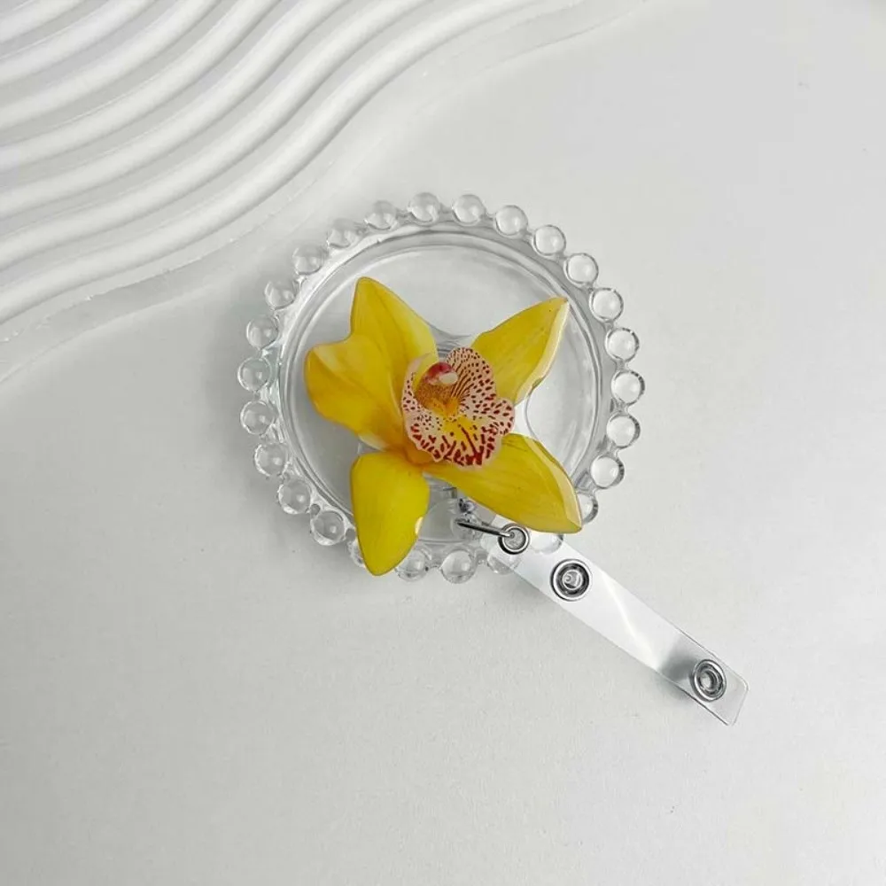 Acrylic Resin Holder Clip Orchid Flower Shape Retractable Design Retractable Badge Holder Durable ID Badge Reel Office Employee