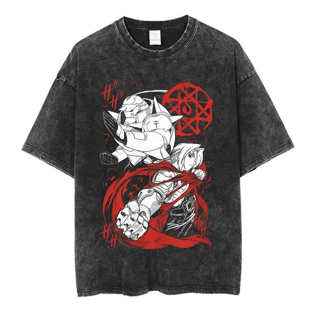 Camiseta Fullmetal Alchemist Edward Alphonse, estilo vintage, lavada, oversize, streetwear, para hombre y mujer, de verano, de algodón, manga corta, con estampado gráfico