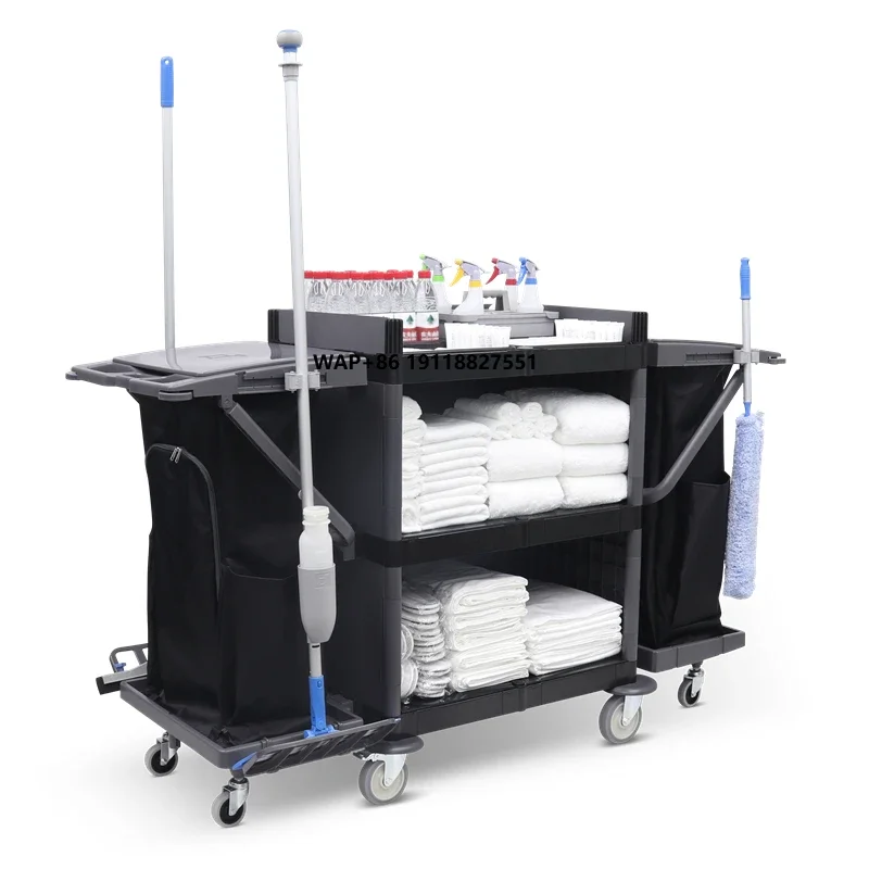 

Hotel Plastic Janitorial Cleaning Cart Commercial Cleaning Housekeeping Trolley Room Service Cart on Wheels