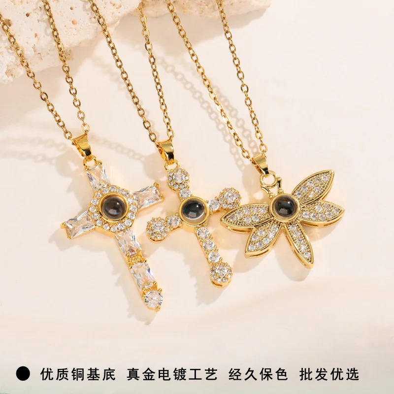 Fashionable and Versatile Light Luxury Necklace with Zircon Cross in 100 Languages, Projection Style Cross Collarbone Chain
