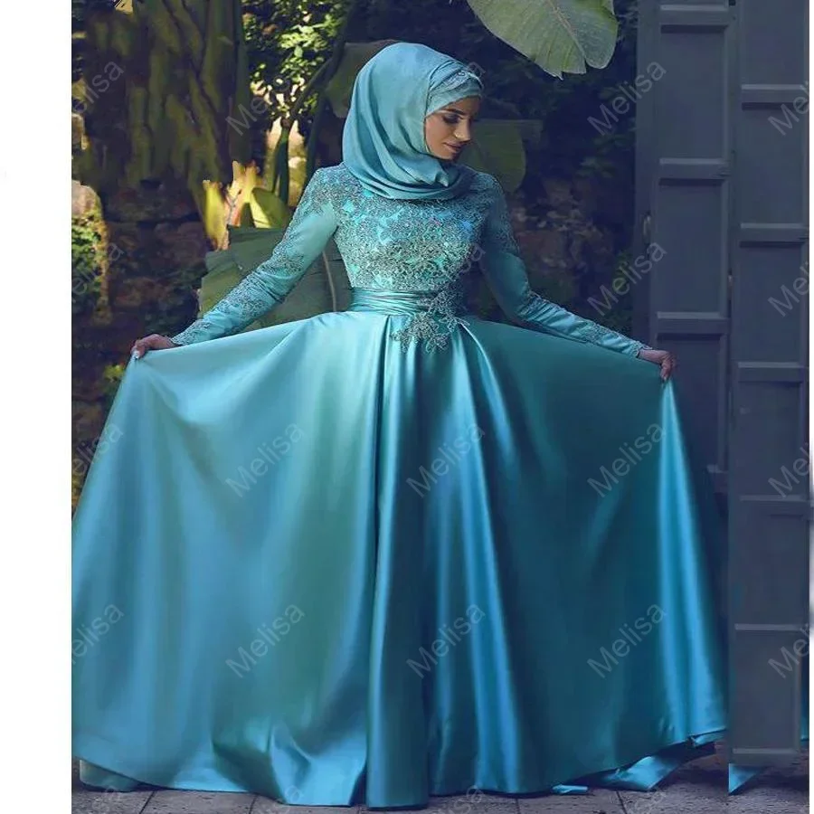فساتين زفاف إسلامية زرقاء مخصصة على شكل حرف a بأكمام طويلة دانتيل زي العرائس Vestido De Casamento 2025