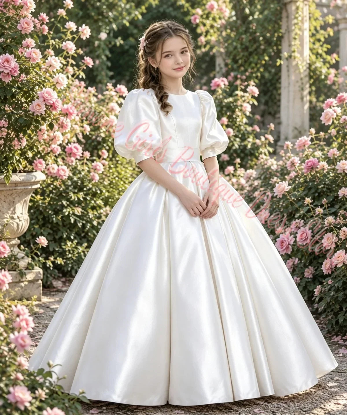 Lovely White Flower Girl Dress for Wedding High Waist Half Sleeves Puffy Elegant Kids Birthday First Communion Ball Gowns