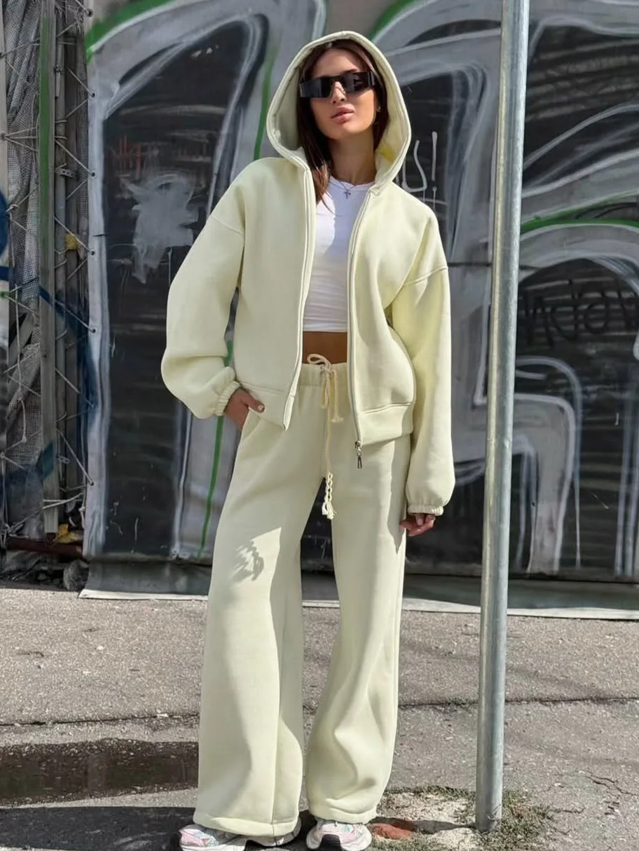 MsChuh Women's Matching Sets Oversized Zip Hoodie Loose Wide Leg Track Pants Ropa Mujer Soft Fabric Casual Street Style Outfit