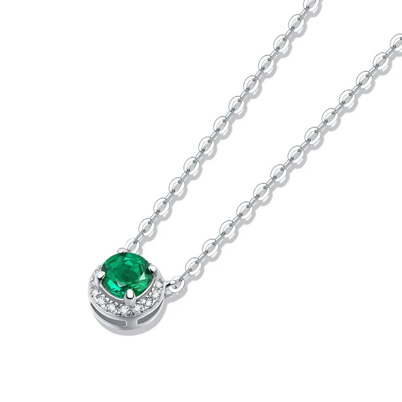 

S925 Silver 5MM Round Lab Grown Emerald Pendant Necklace for Women Fine Jewelry White Gold Plated Charm Necklace Birthday Gift