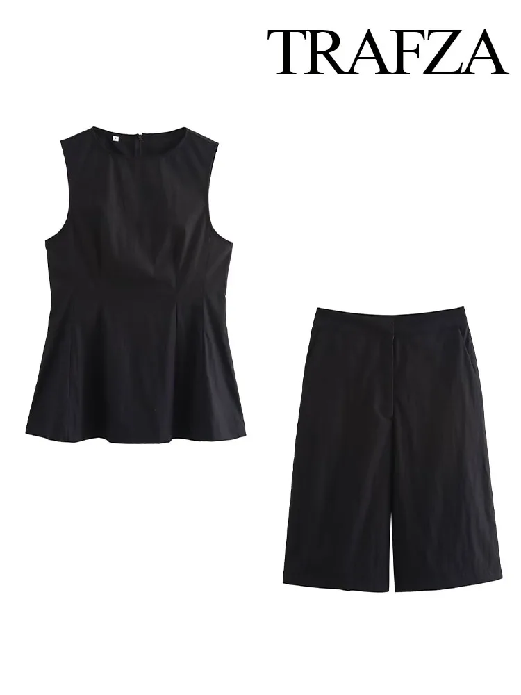 TRAFZA Women Shorts Suit Elegant O-Neck Sleeveless Back Zipper Short Skirt Style Summer Vest Top+High Waist Pockets Slim Shorts